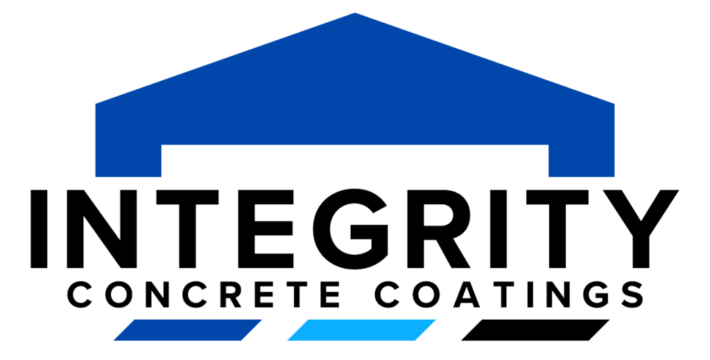 Integrity Concrete Coatings logo featuring a blue garage vector over text to represent garage floor coating services offered by this business.